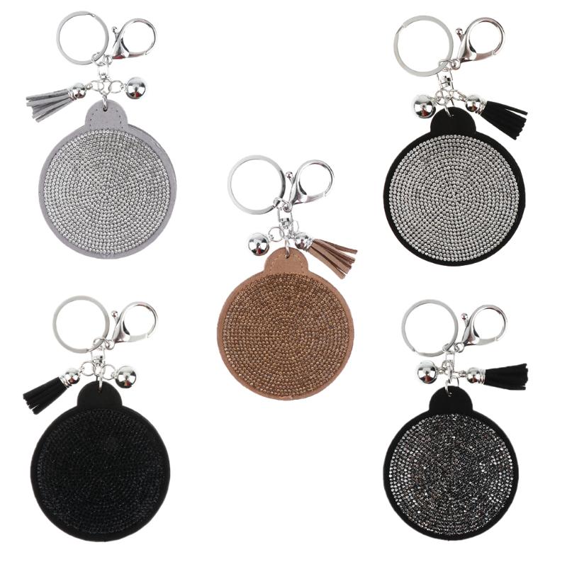 

Keychains Woman Charm Key Chain Shape Round Crystal Keychain Tassel Mirror Grey