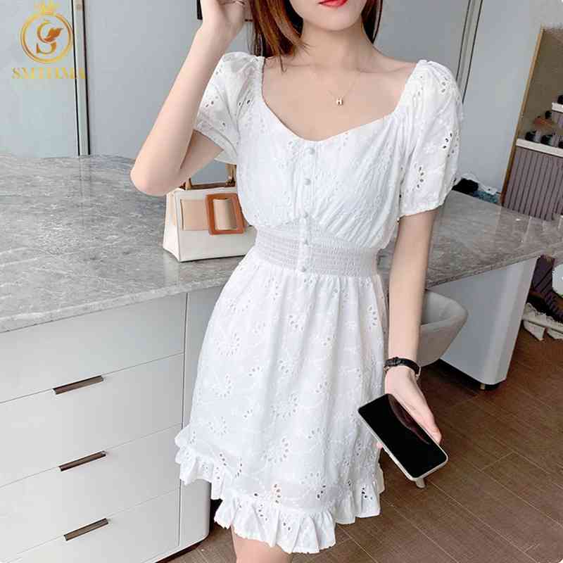

Lace White Embroidery Women Summer Dress Robe Elastic Waist Female Fashion Cotton Dresses Vestidos 210520, Photo color