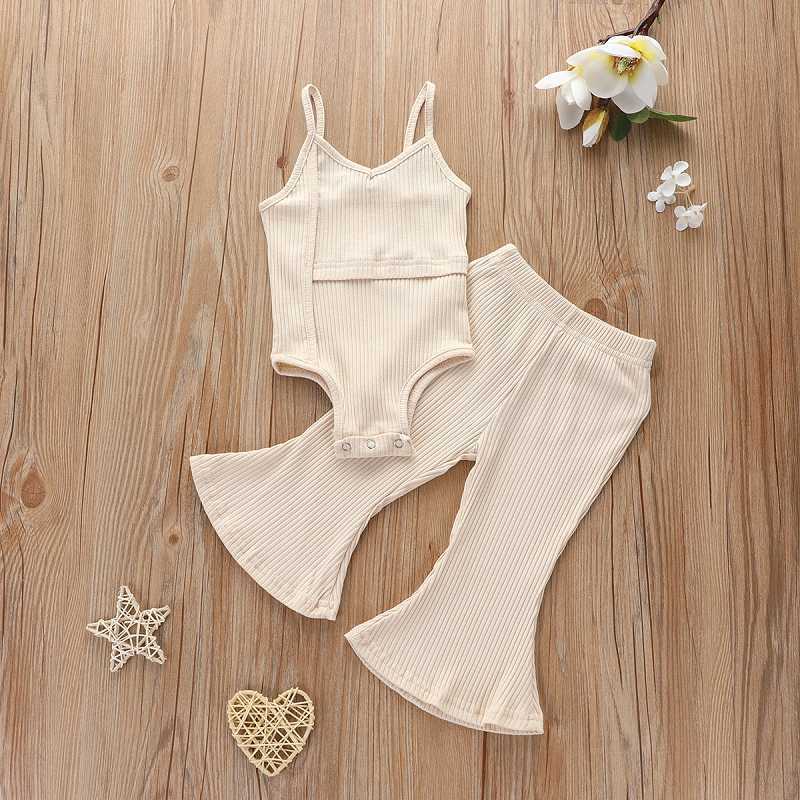 Baby Clothes Kids Clothing Sets Girls Summer Solid Color Article Pit Rompers Flare Pants Suits Child Sleeveless Sling Jumpsuit Suit M2380