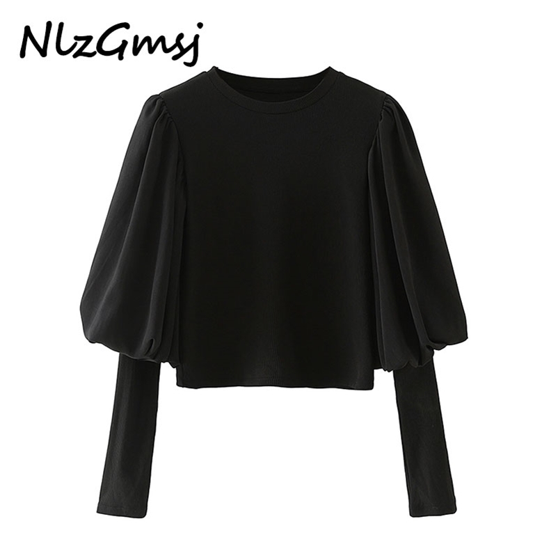 

Sweater Women Knit Top O-neck Long Puff Sleeve Shirt Chic Ruffle Shoulders Female Vintage Knitted Blouse 210628, As picture