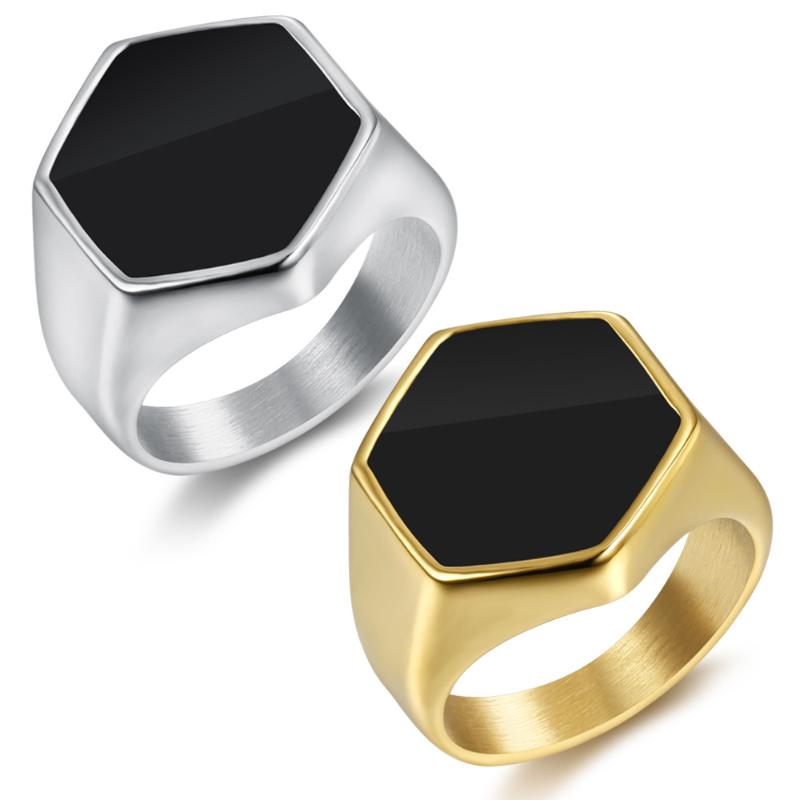 

Cluster Rings Valily Cool Black Men's Hexagon Ring Vintage Biker Geometic Stainless Steel For Men Wholasale, Golden;silver