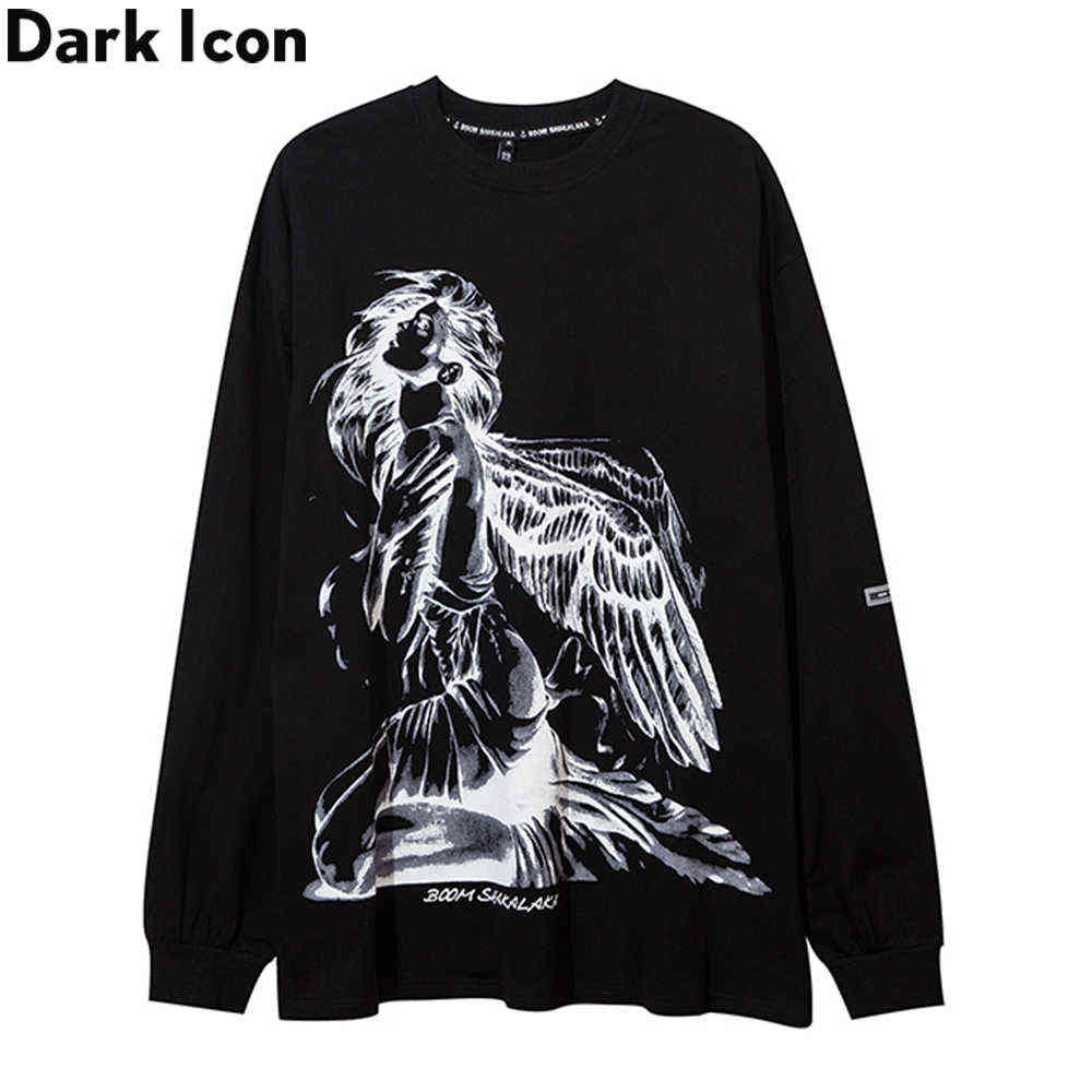 

Angle T-shirt Long Sleeve Round Neck Loose Men's Tshirts Streetwear Cotton Tee Shirts Man 210603, White