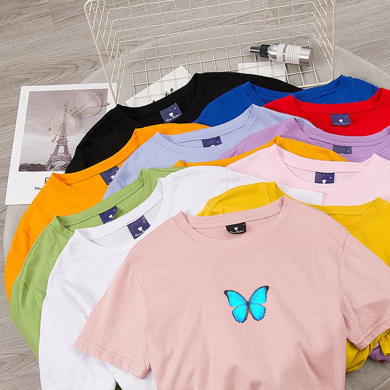 

summer women t shirt blue butterfly print harajuku graphics female casual kpop funny clothes short sleeve tee, White