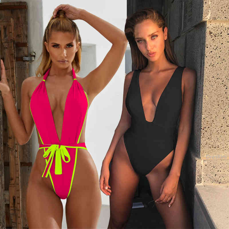 

Women's Swimwear Sexy Thong Swimsuit One Piece Women Bathing Suits Front Tie Backless Solid S M L G4XQ