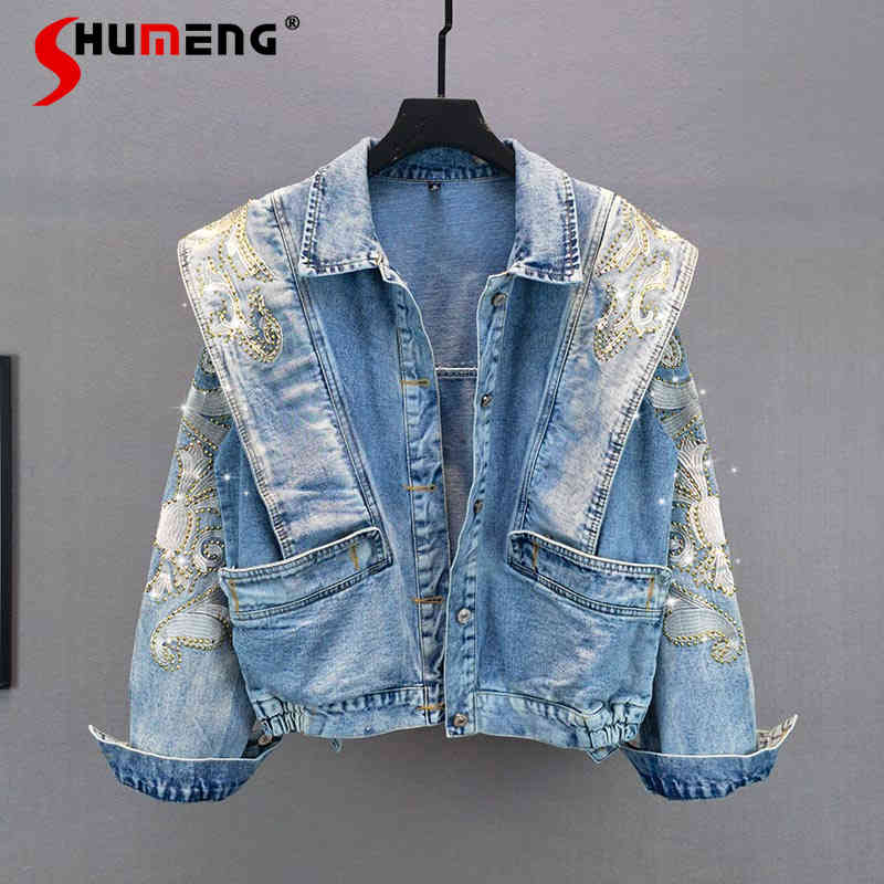 

Spring Autumn Ins Embroidery Rhinestone Denim Coat Loose Slimming Jeans Jacket Women Long Sleeves Fashion Top, Blue