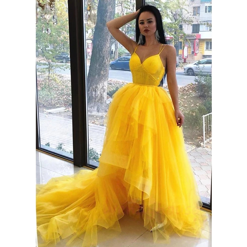 Front Short Back Long Yellow Prom Dresses V Neck Tier Asymmetrical Hem Special Ocn Dress Tulle High Low Party Gowns