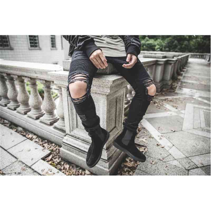 

fashion mens straight slim fit biker jeans pants distressed skinny ripped destroyed denim jeans washed hiphop trousers black, Blue