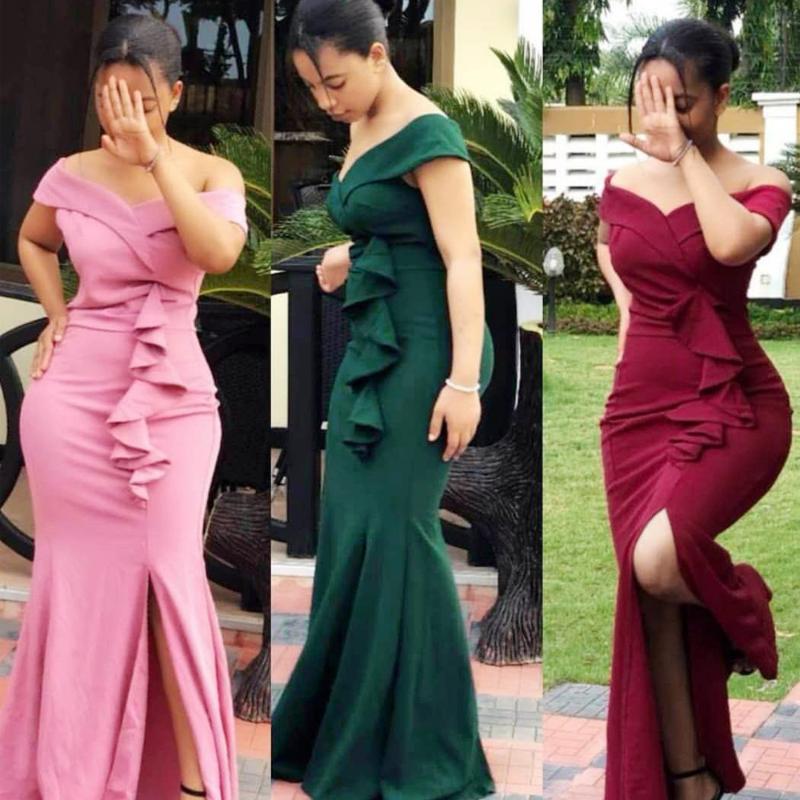 

Ethnic Clothing Elegant Off Shoulder Sexy African Bodycon Dress Solid Fashion Nigeria Clothes Evening Party Ruffle Split Bandage Fishtail