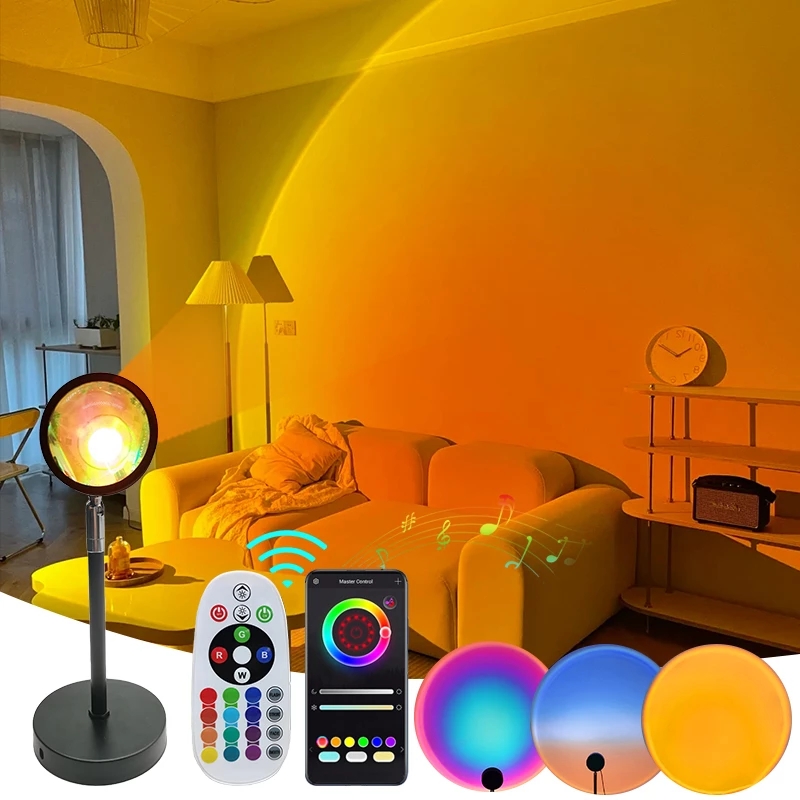 

Rgb Sunset Lamp 16 Colors Remote App Bluetooth Aluminum Lens Sunset Projection Lamp Rainbow Atmosphere Led Bulbs 5W Night Lights