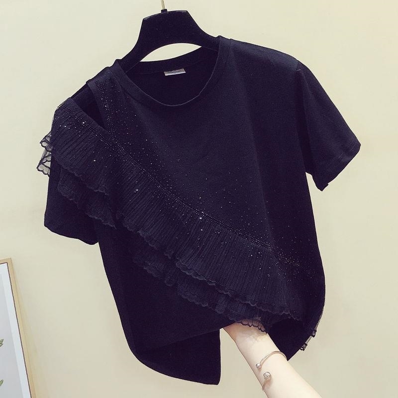 

Summer Solid Loose Ruffle Patchwork O Neck T-shirt Women's Short Sleeve Fashion Tops 210615, Black