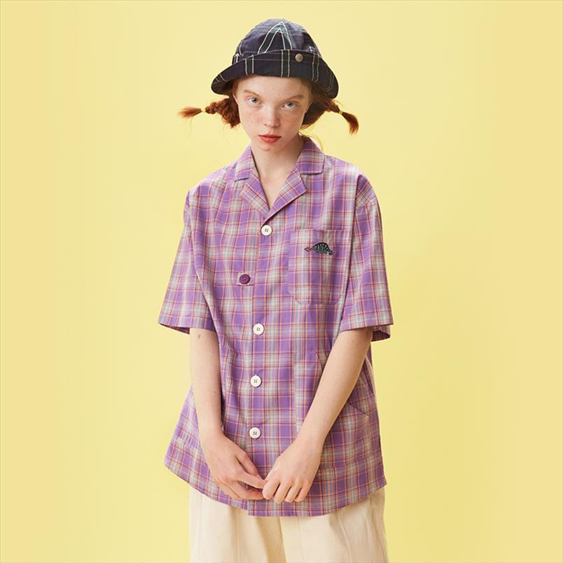 

summer fashion design loose dinosaur women shirt embroidery purple plaid printed pocket short sleeve femme cotton, White