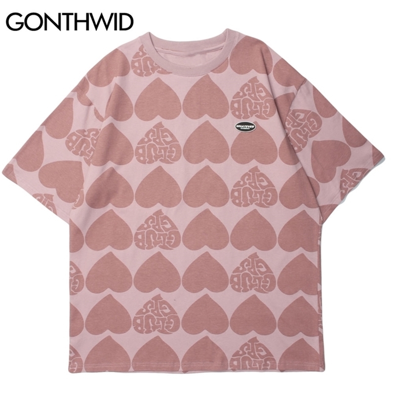

Tees Shirts Streetwear Harajuku Heart Casual Loose Tshirts Men Hip Hop Fashion Summer Cotton Short Sleeve T-Shirt Tops 210602, Pink