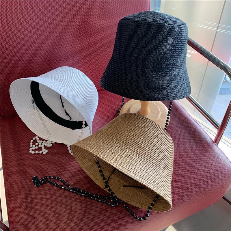 

Wide Brim Hats Summer Ladies Japanese Simple Paper Straw For Women Pearl Chain Fisherman Hat Korean Fashion Harajuku Style Basin Beach, White