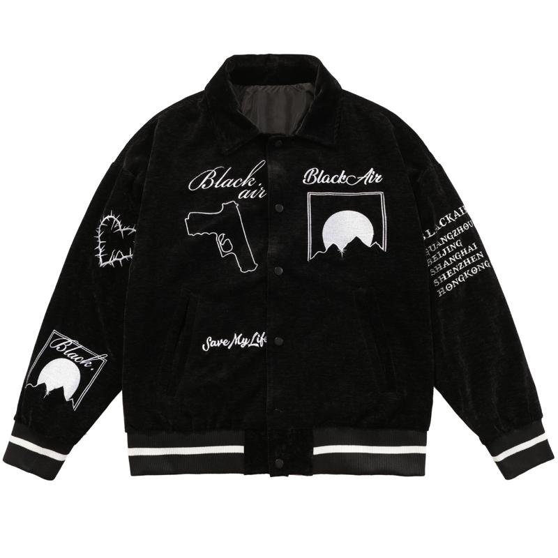 

Men' Jackets LACIBLE Men Baseball Jacket Coat Bomber Loose Hip Hop Streetwear Harajuku Eye Gun Embroidery Fleece Unisex Outwear, Black