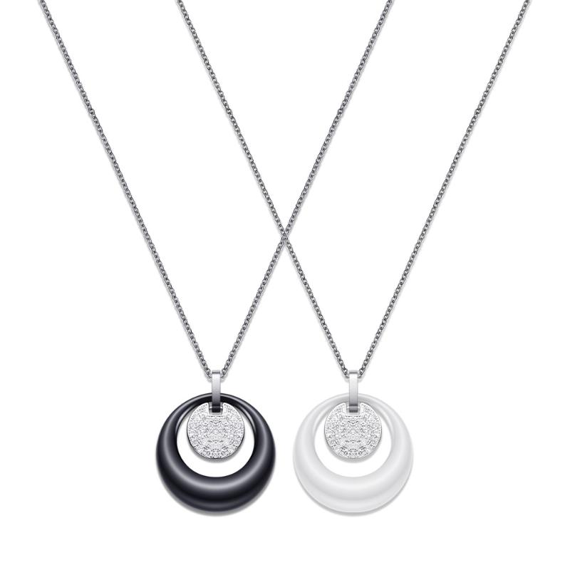 

Pendant Necklaces Stainless Steel Crystal Double Layers Circle Ceramic Necklace For Women Rhinestone Black White