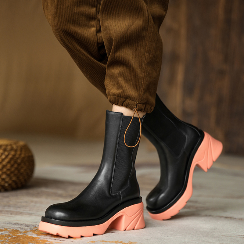 

boots genuine autumn leather women's fashions ankle concise-on toe sliding round thick heels casual shoes platforms 3za0, Black