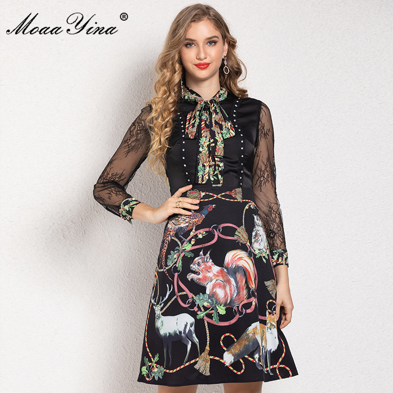

Fashion Runway Summer Dress Women Black Elegant Long sleeve Mesh Patchwork Animal print Vintage Mini 210524