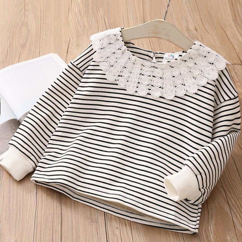 

T-shirts Kids Tops 2021 Fashion Spring Autumn Long Sleeve O-Neck Lace Patchwork Striped Baby Tees All Match Little Child Girls T Shirts, Blue