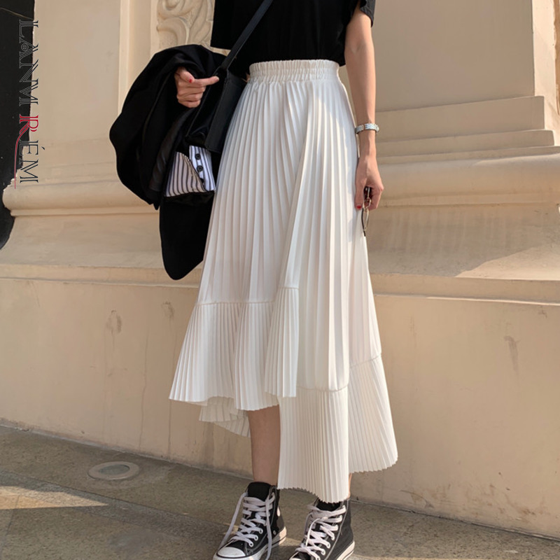 

LANMREM Solid Color Elastic High Waist Stitching Ruffled Irregular Pleats Woman Skirt Simple Fashion 2021 Autumn New TV518, Black
