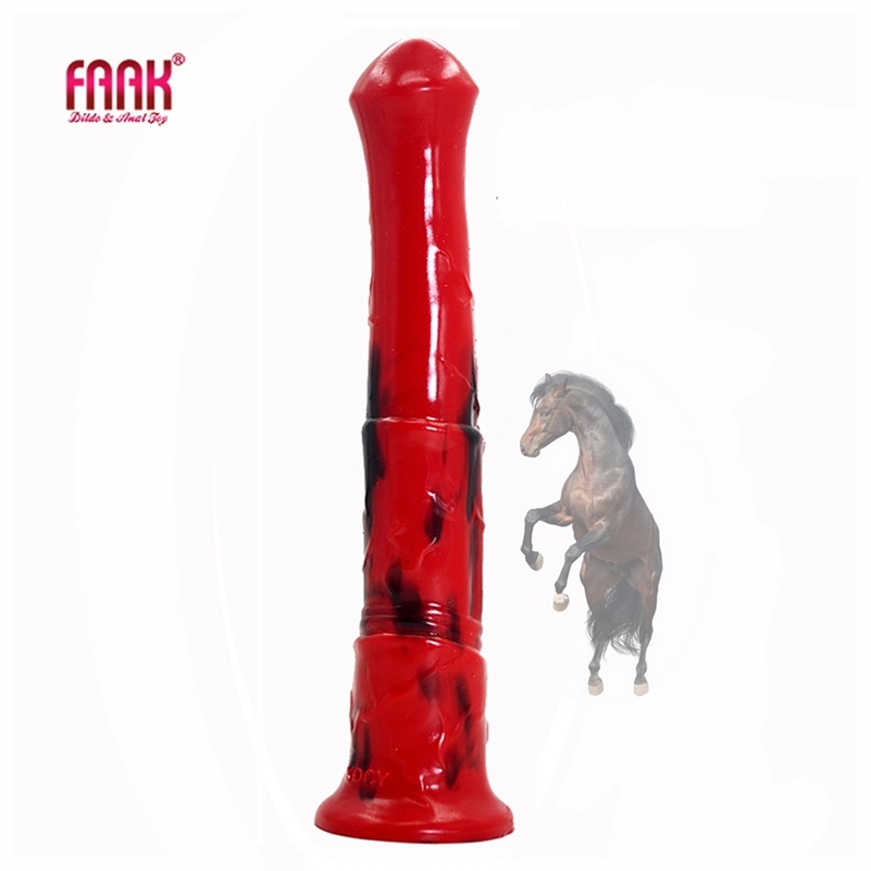 

FAAK animal horse penis silicone long realistic dildo colorful red and black sucker cock anal sex toys for men women couples 210629