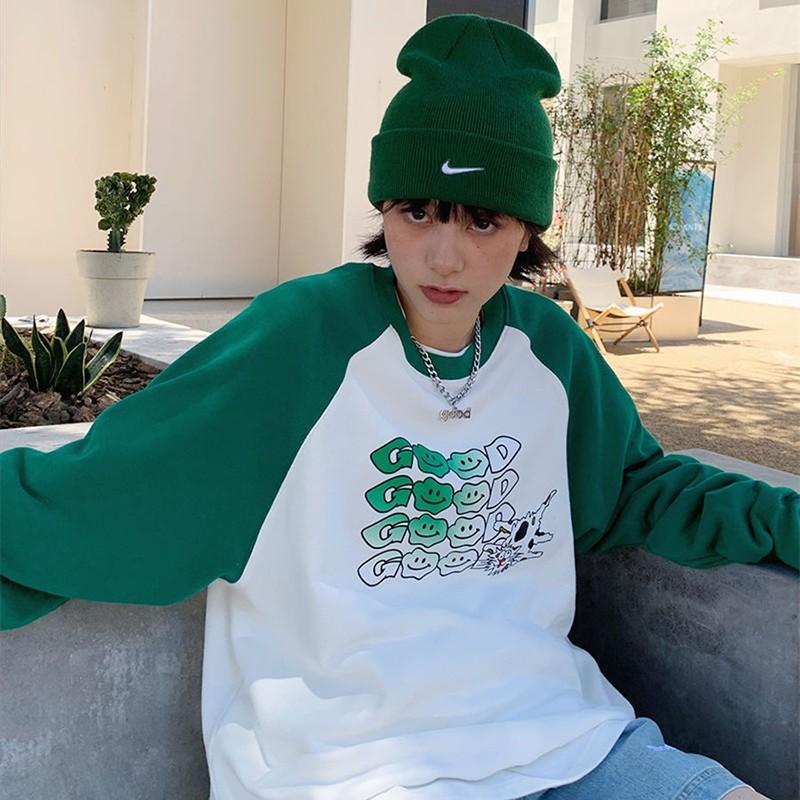 

Women' Hoodies & Sweatshirts Arrival Spring/autumn Women Loose Casual Cotton Letter Print Pullovers Long Sleeve Patchwork O-neck P57, Green
