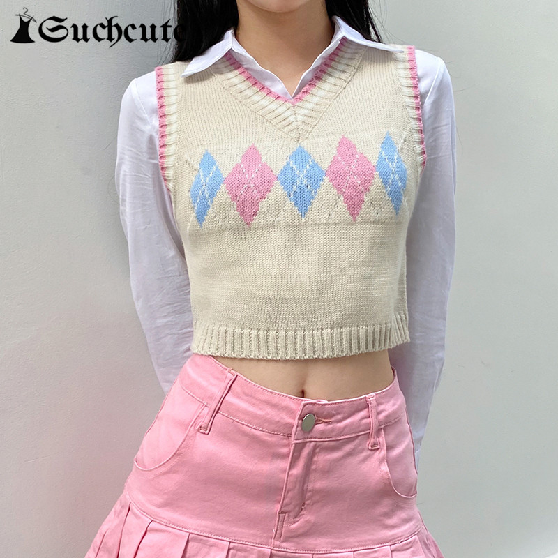 

SUCHCUTE Preppy Style Argyle Plaid Sweater Vest Women Y2K V Neck Cropped Knitted Vest Streetwear Autumn 2021 Ladies Pullover, As picture