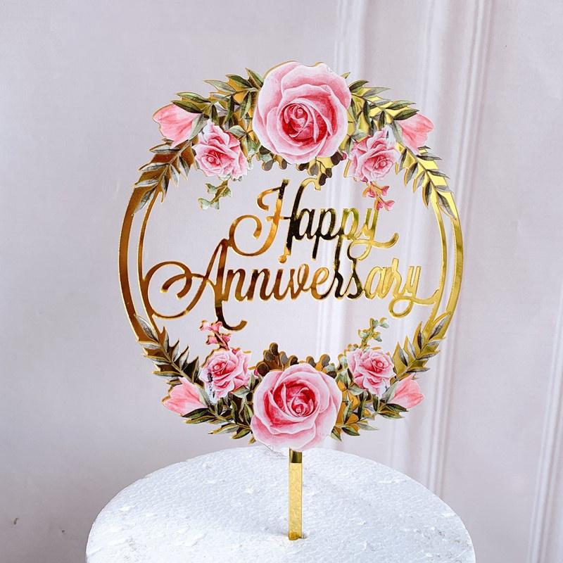 

Other Festive & Party Supplies Colored Flowers Happy Birthday Cake Topper Golden Acrylic Dessert Decoration For Baby Shower Baking