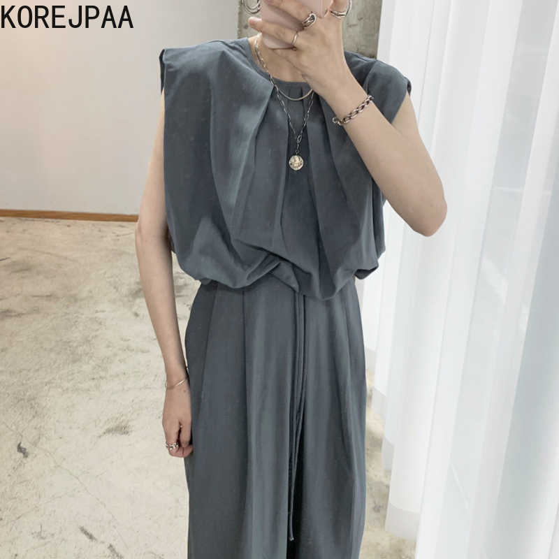 

Korejpaa Women Sets Summer Ladies French Round Neck Pleated Design Loose Vest Shirt Lace-Up High Waist Straight Casual Pant 210526, Apricot top