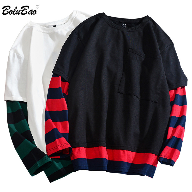 

BOLUBAO Trend Brand Fashion T-Shirt Men Spring Men' Striped Fake Two-Piece Tees Tops Harajuku Long-Sleeved T Shirts Male 210518, White