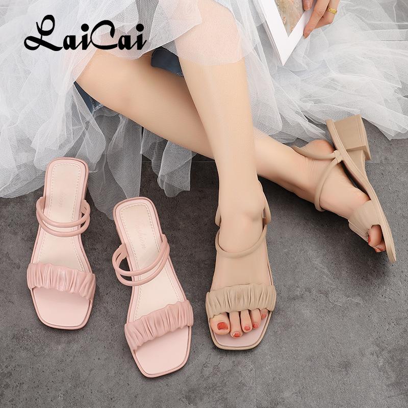 

Sandals Women's Casual Outdoor Shoes High Heels Slides Summer Square-toe Flat-heel Candy Color Fashion Outer Wear Slippers, Black