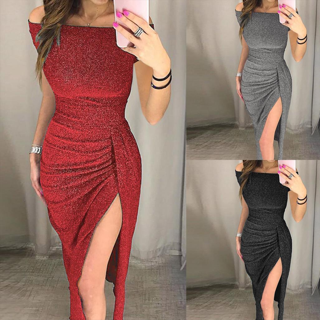 

fashion sequined off shoulder high womens dress slit bodycon short sleeve long autumn party, Black;gray
