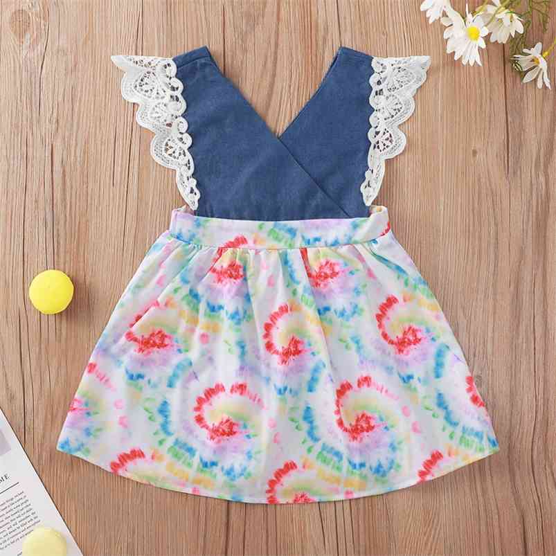 

Summer Girls Dress Cute Sleeveless V Neck Lace Patchwork Print Floral Girl Vestidos 12M-5T 210629, Blue