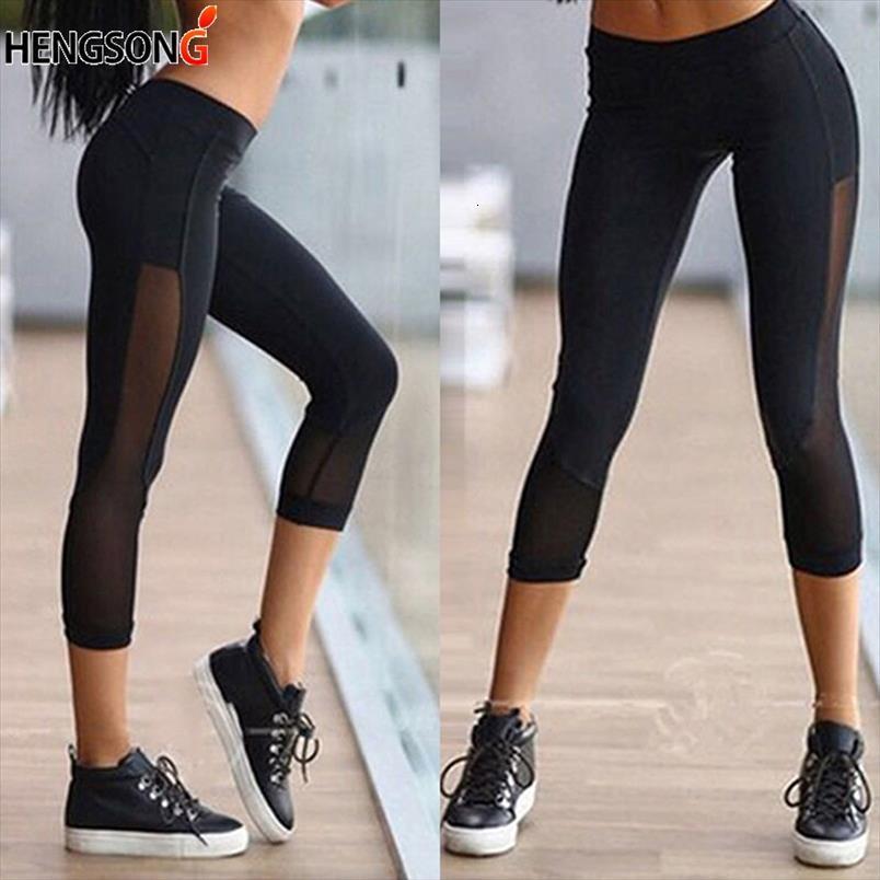 

cropped pants fitness mesh womens legging breathable stretchy calf length trousers for, Black