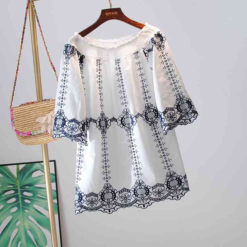 

VANOVICH Pluz Size Blouses Women's Summer Embroidery Hollow Wild Ladies and Tops Ruffled Women Clothing 210615, Red