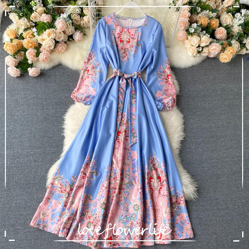 

arrival autumn high quality ladies elegant dress women long sleeves bandage vintage print A-line long Dress Vestidos 210521, Blue