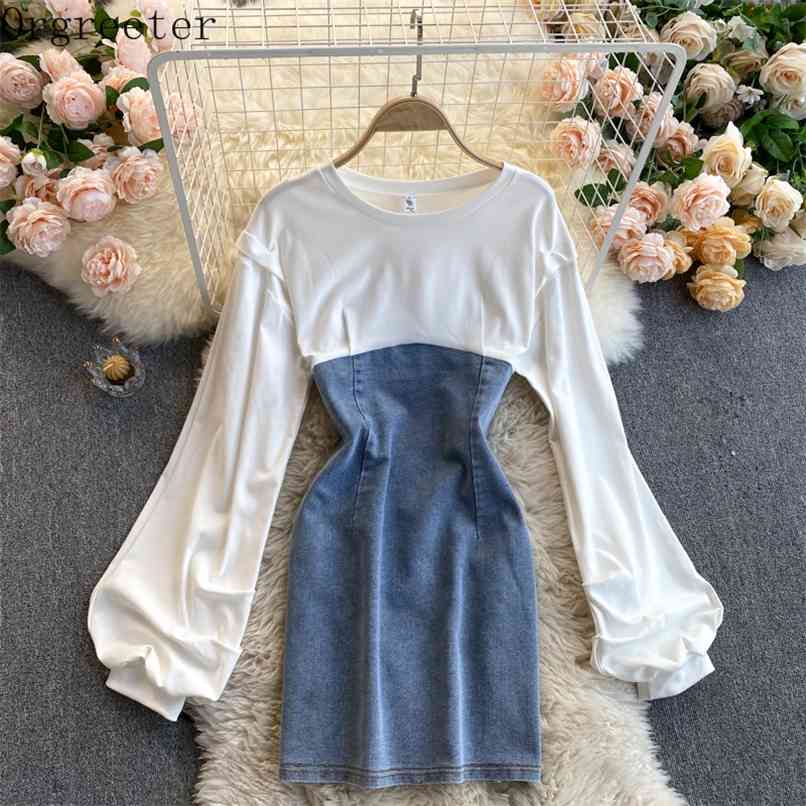 

Simple Design Spring Fall O-neck Puff sleeve Chic Color contrast Stitching Denim Mini Dress for Women Casual Short Dresses 210602, White