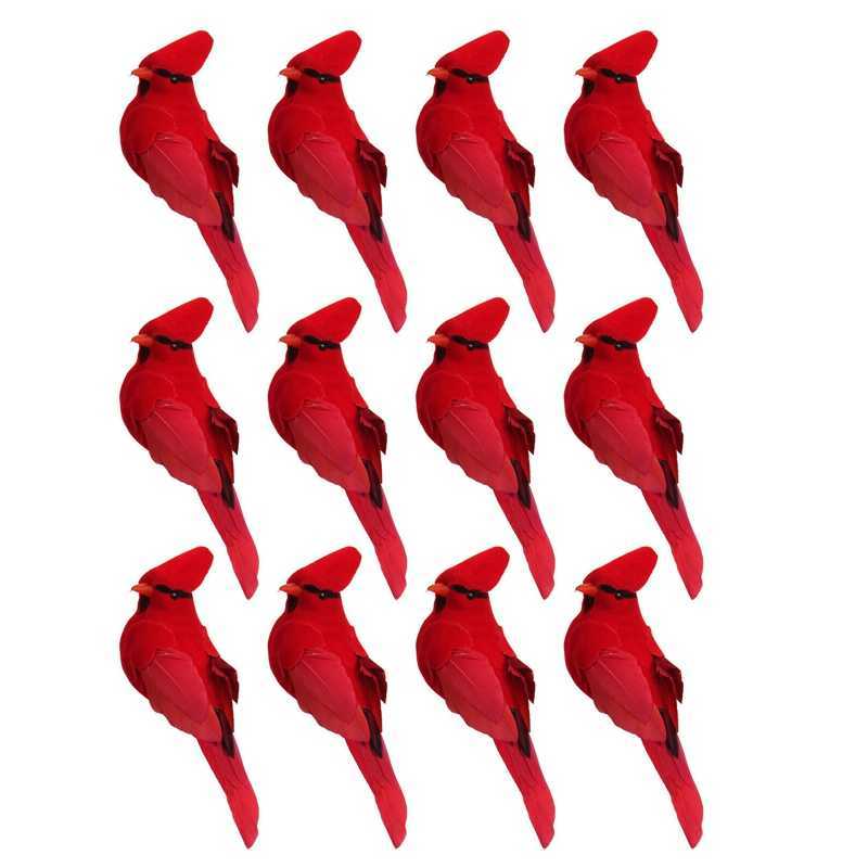 

HOT 12Pcs Clip-on Artificial Red Cardinals Christmas Ornaments Feathered Bird Xmas G0925