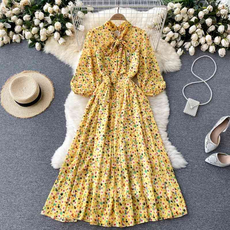 

Banulin Summer Runway Boho Floral Long Dress Women's Puff Sleeve Bow Neck Elegant Party Chiffon N78687 210603, Yellow