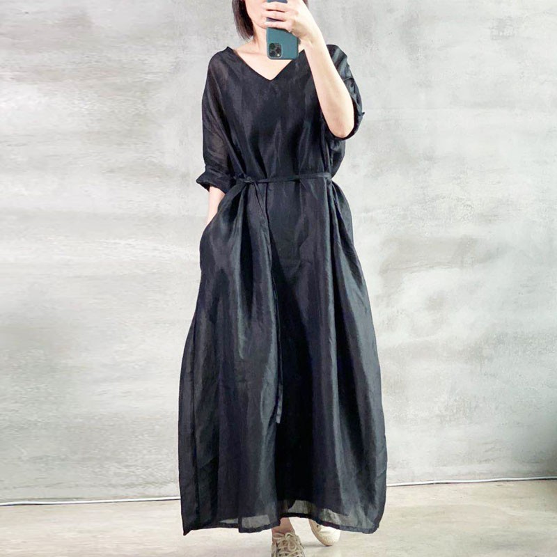 

Johnature Autumn Simple Leisure V-neck Pockets Half Sleeve Lace Up Dresses Loose Comfortable Women Solid Color Dress 210521, Black