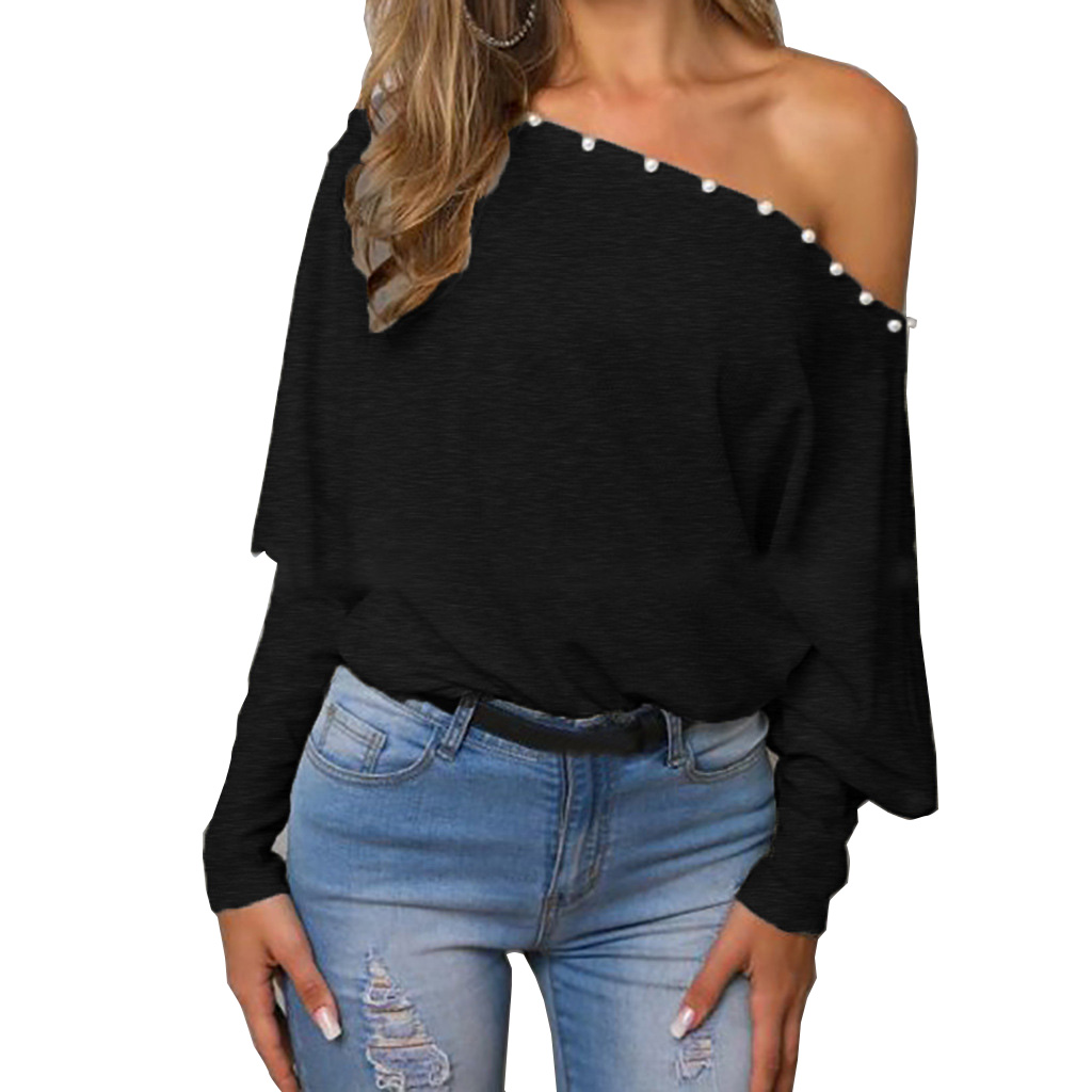 

Beading Patchwork Bat Long Sleeve One Shoulder Casual Loose Black Tshirt Women Streetwear Tee Shirt Femme Punk Clothing SJ4624X