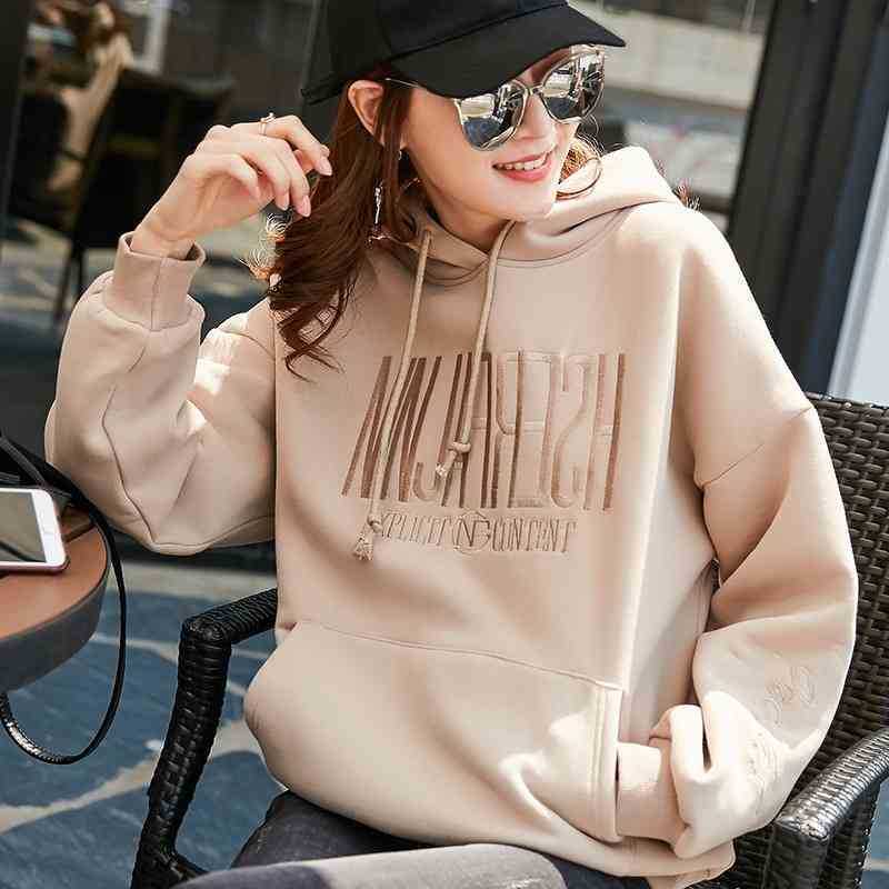 

Thin sweater 2021 spring and Autumn New Women's Korean version long sleeve embroidery printing hooded large loose women's coat, Wy3096z apricot