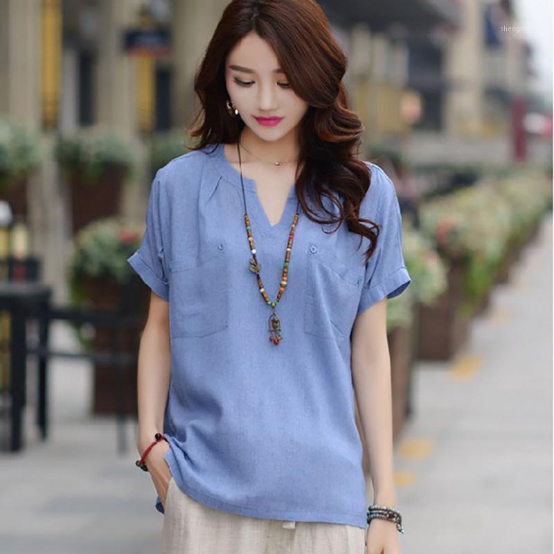 

Women's Blouses & Shirts Women Blouse Pure Color Temperament V-neck Loose Thin Cotton And Linen Shirt Top With Pocket Plus Size Summer, Light blue