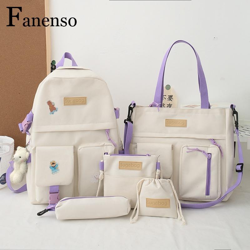 

Backpack 4Piece/Set Tote Bag Kawaii Schoolbags For Teenage Girls Women Fashion Nylon Travel Student Notebook Mochila, A-5pcs-white