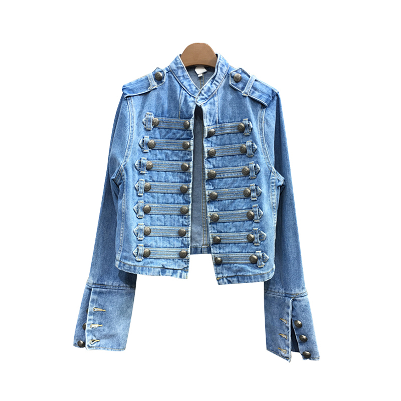 

Casual Patchwork Button Blue Denim Coat For Women Stand Collar Long Sleeve Loose Jackets Female Spring Fashion 210524, Black