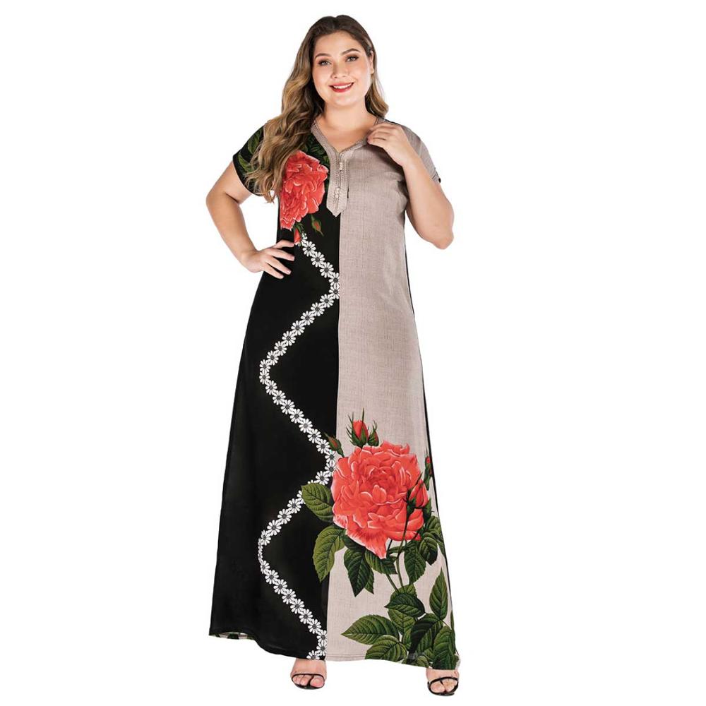 

Plus Size Tribal Botanical Print Boho Dress Women Summer Tunic Short Sleeve kaftan ramadan muslim abaya african dashiki VKDR1820