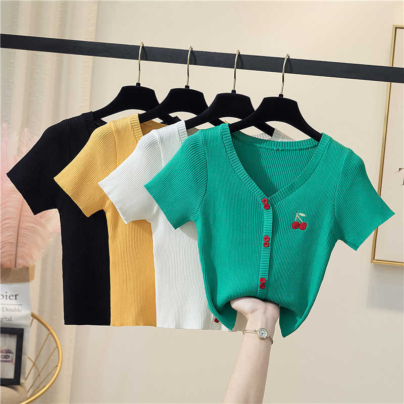 

Women Knitted Short Sleeve T-shirts Tops Girls Buttons Casual Embroidery Tee Shirts Knitwear Pullover Female Summer 210604, Black