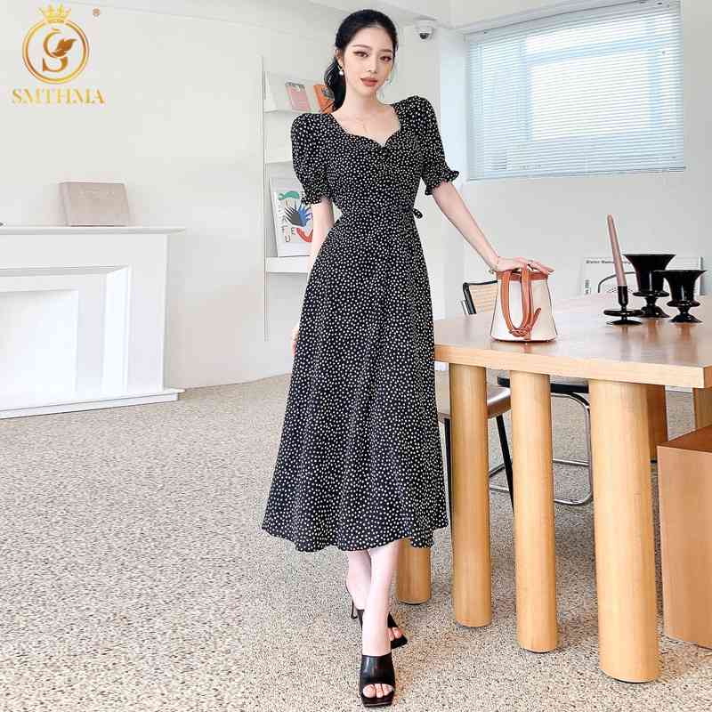 

Fashion Korea Style Summer Dress Women' Temperament Square Neck Vintage Elegant Chiffon Print Vestidos 210520, Picture color