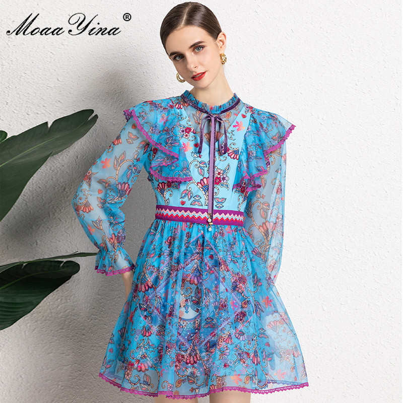 

Fashion Designer Summer Mini Dress Women Long sleeve Mesh Patchwork Floral print Elegant Blue Short 210524