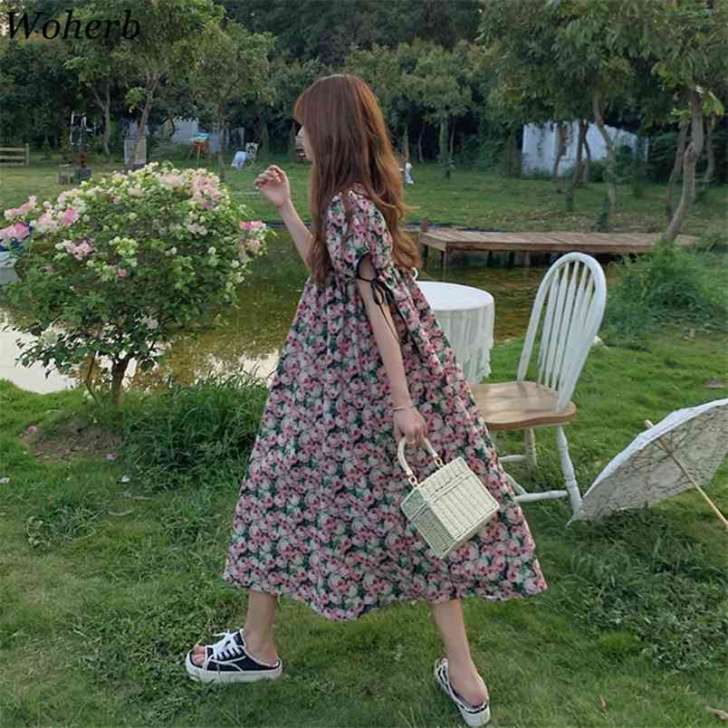 

Vintage Elegant Floral Printed Dress Women Summer Short Puff Sleeve Kawaii Loose Dresses Fashion Korean Vestidos Femme 210519, Short - as photo
