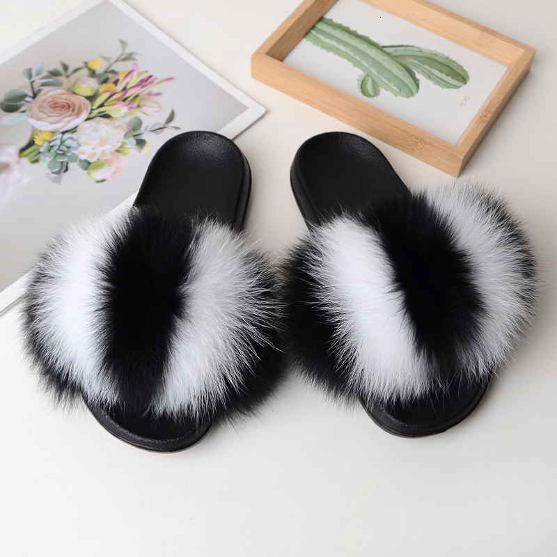 

slippers house for women female with fur luxury real flip flops ladies fluffy sandals winter shoes home slides 3cfw, Black
